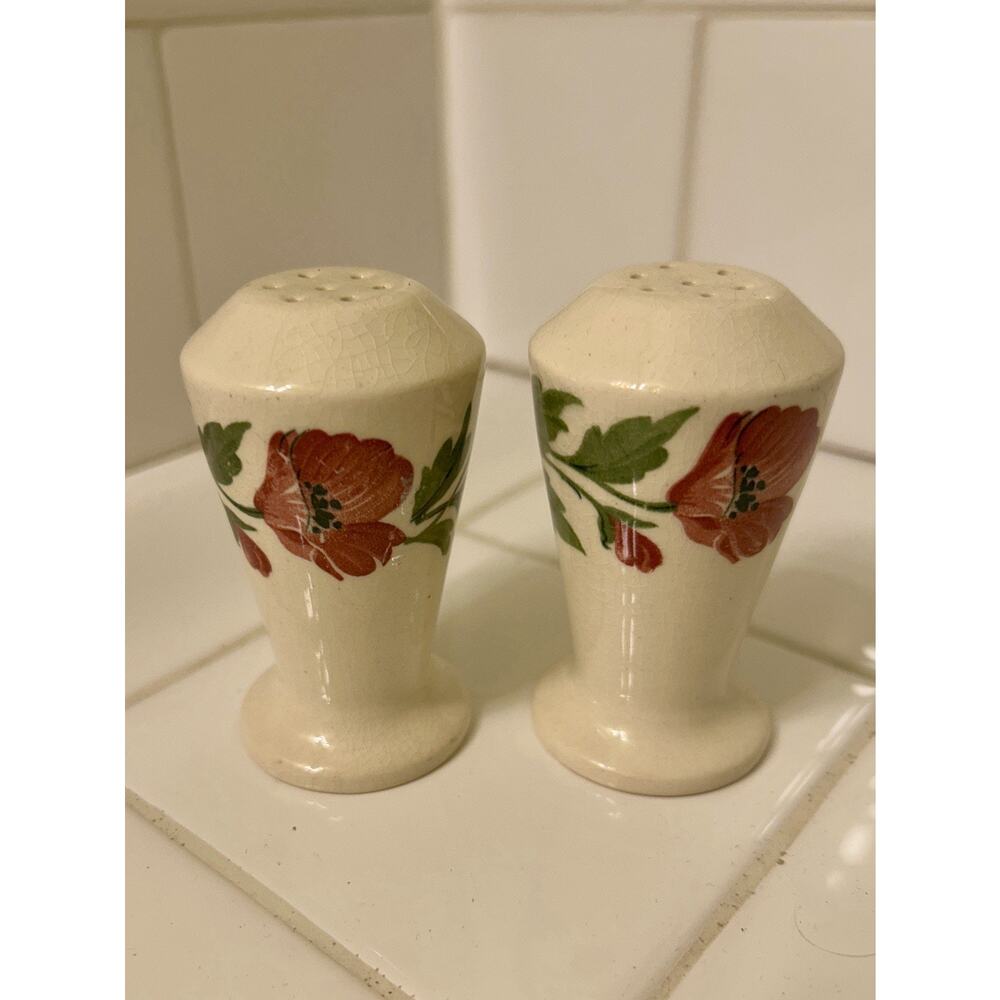 Salt & Pepper Shakers White With Red Flowers Poppy Design